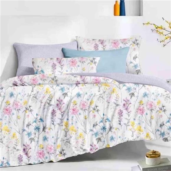 White Floral Duvet Cover King Size, 3 Piece Farmhouse Yellow Pink Blue Botanical